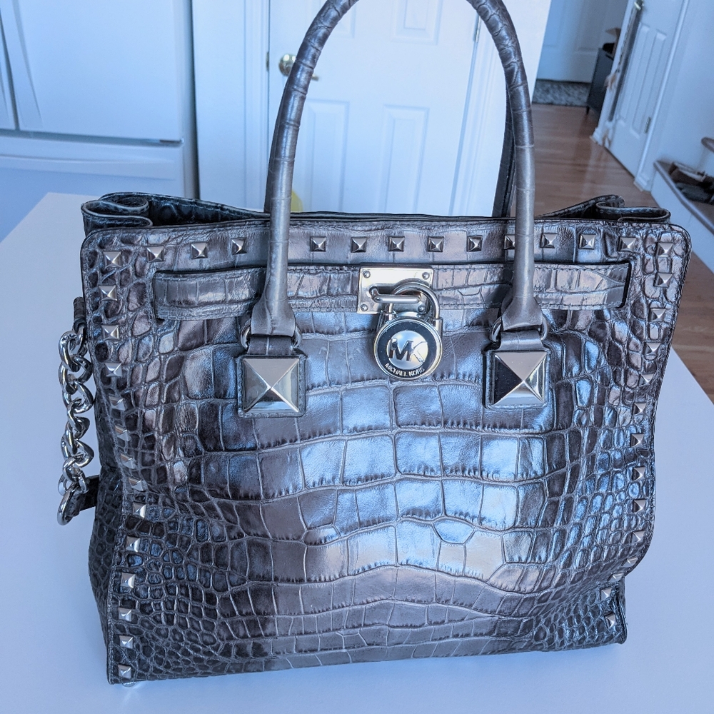 Michael Kors Studded Silver Grey Ombre Crocodile Embossed Leather Croco …